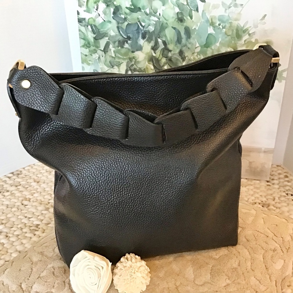 Leather Slouchy Tote/Hobo Bag Made in Italy, Black - Picture 2 of 8